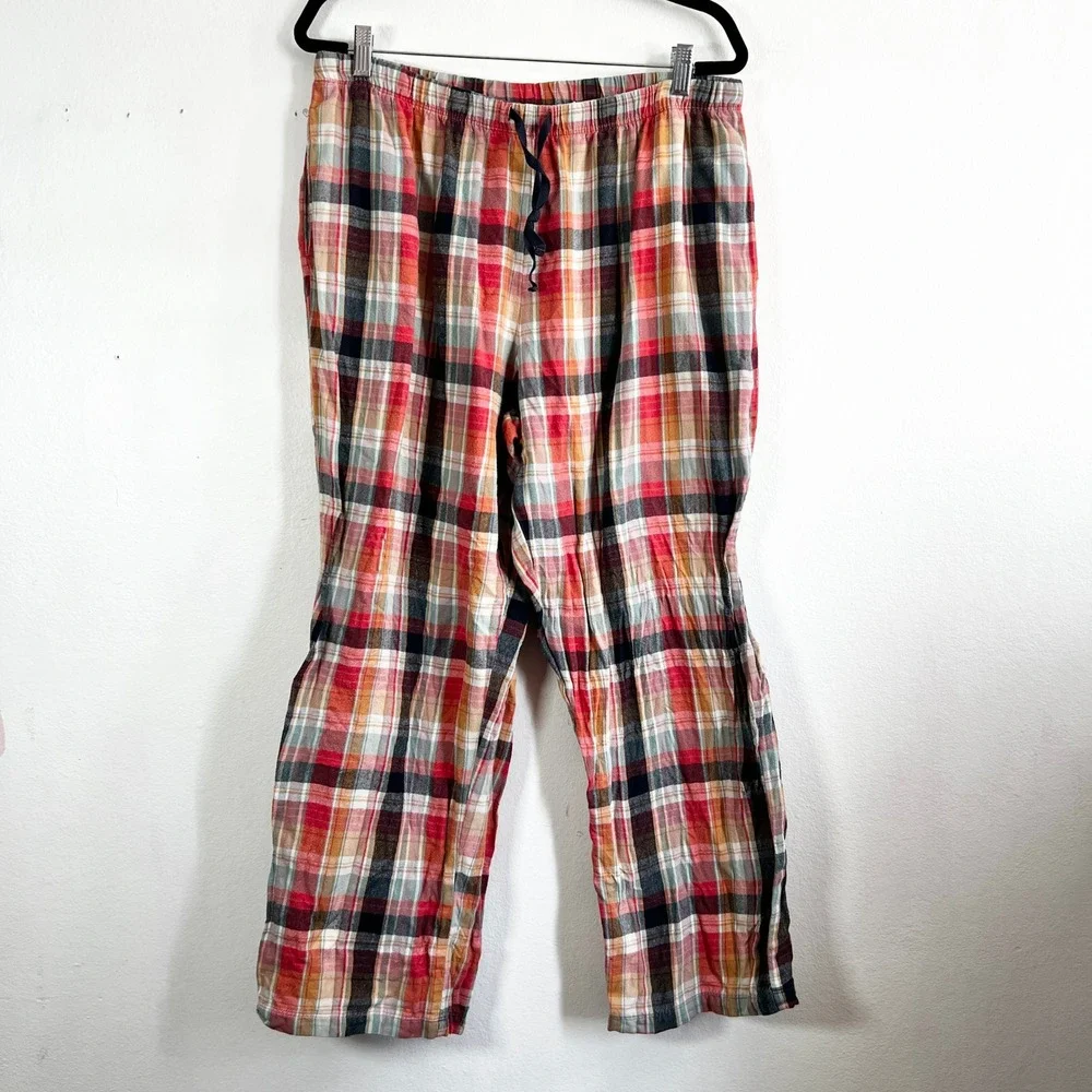 LL Bean Flannel Pajama Pants Orange Plaid Print Drawstring Womens XL